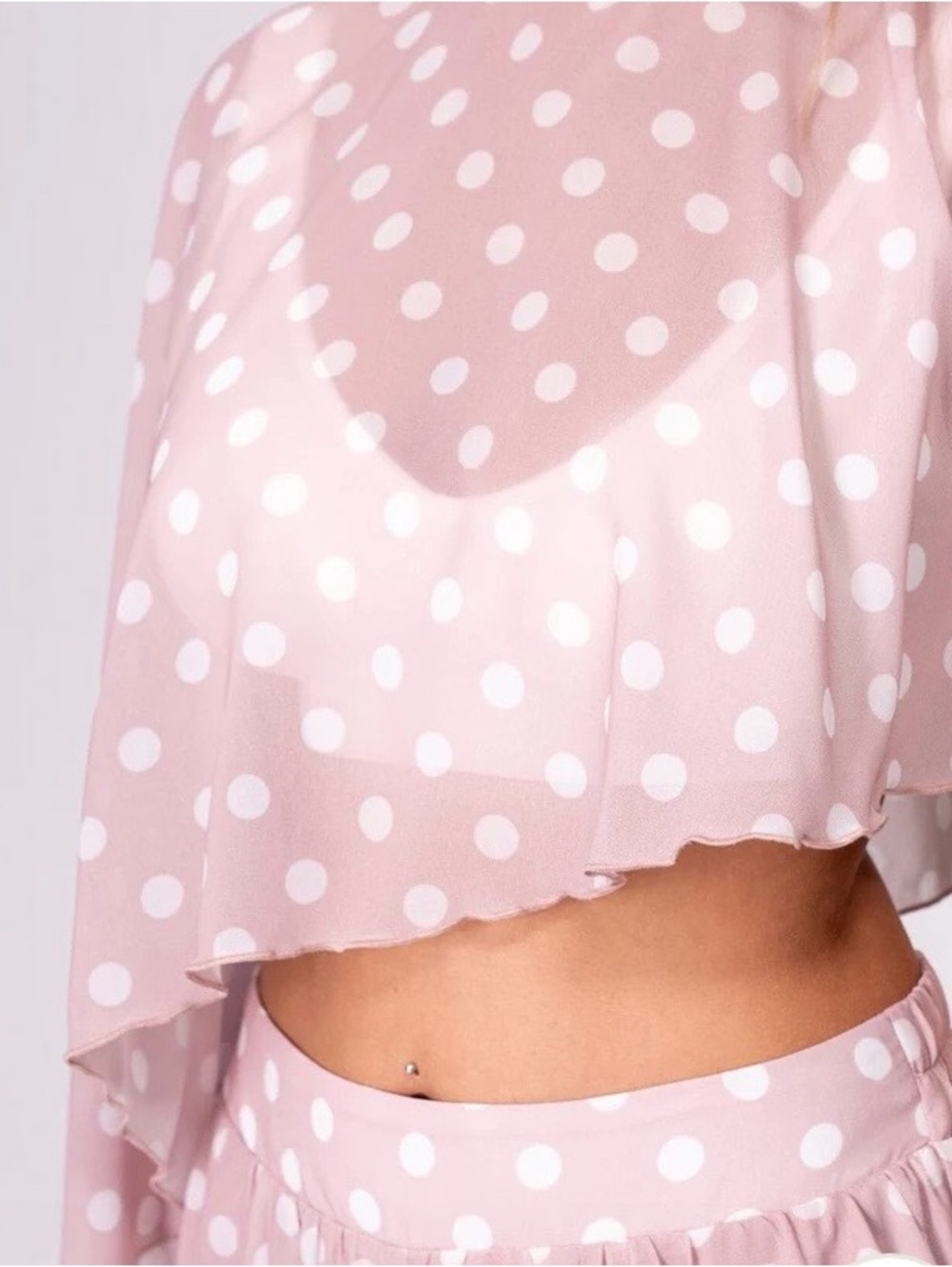 0209.  Polka Dot Blouson Crop Top & Wide-Leg Pants Set - Pink - Picture 3 of 4